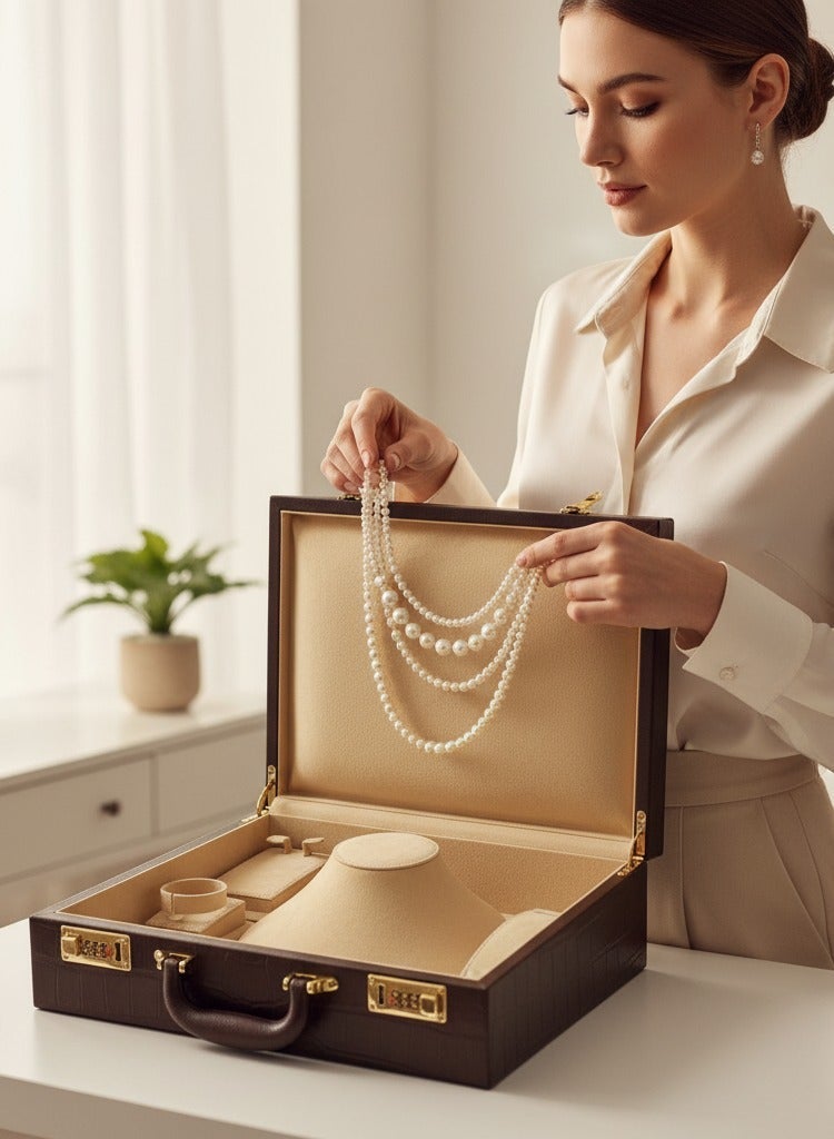 Al Seraj Jewelry Box Organizer for Women – Luxury Brown Leather Multi-Layer Jewellery Storage Case with Lock & Handle for Rings, Necklaces, Earrings, Bracelets & Bangles | Elegant Travel & Gift Display Box - Image 2